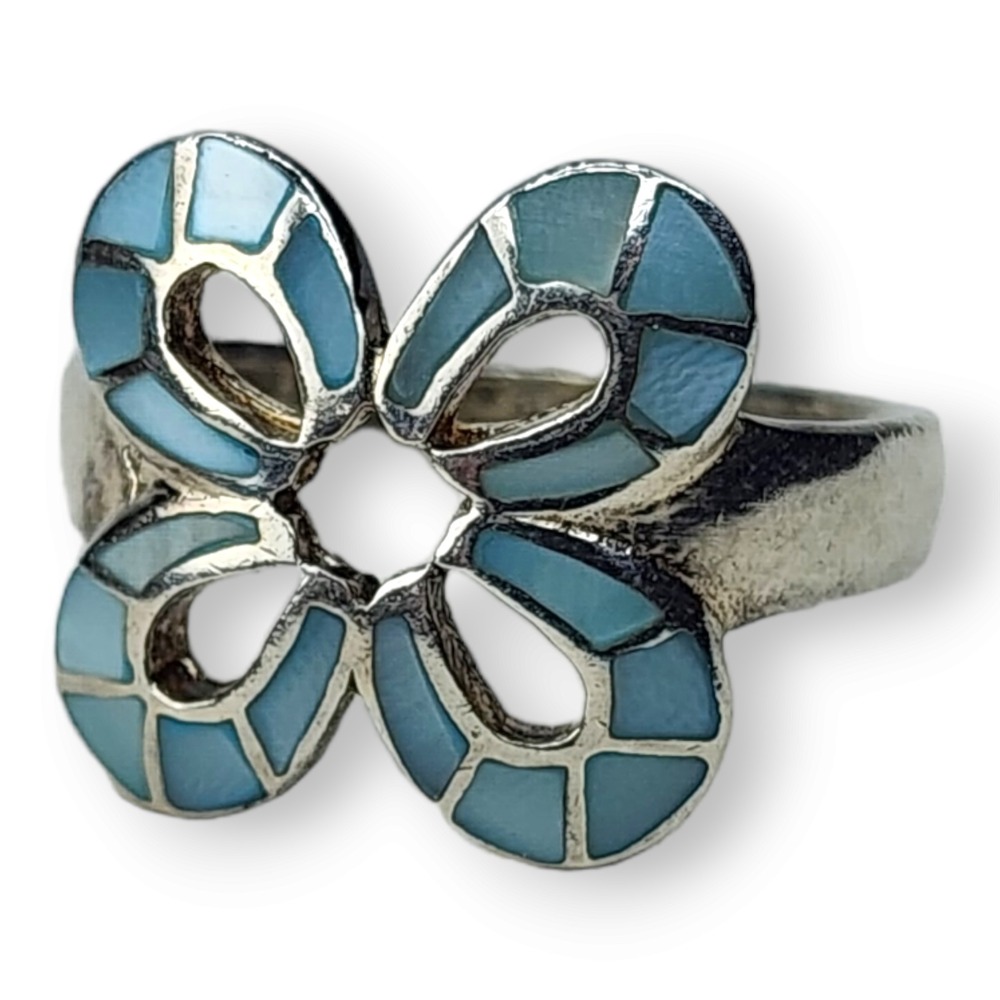 Vintage Ring Sterling Silver 8.25 Blue Mother of Pearl‎ Shell Flower 925 Mosaic